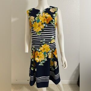 Dress Barn Women’s Stripe Floral Dress with Pockets Size 16, Navy Blue/Yellow